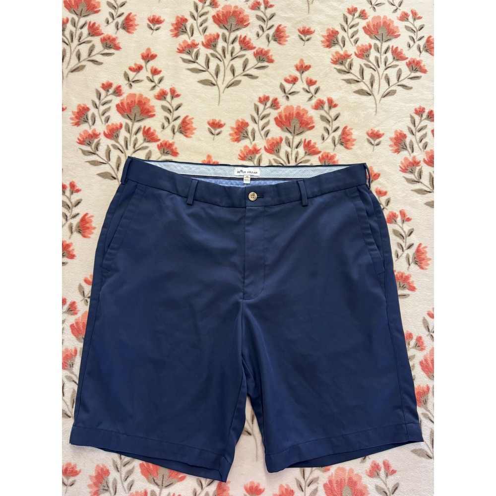 Peter Millar Mens Navy Blue Performance Golf Shorts Size 35 Flat Front Athletic